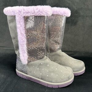 Skechers Twinkle Toes Light-Up Sequin Gray and Violet Girls Boots Size 1 Youth